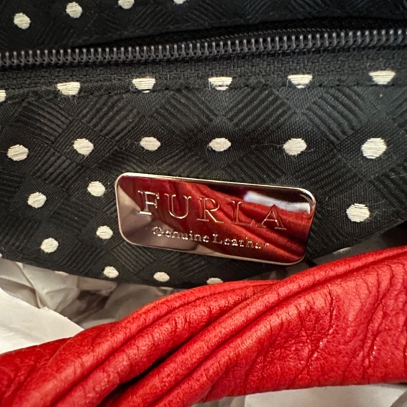 FURLA | Cherry Red Satchel w/Popping White on Black Polka Dot Interior - Picture 7 of 16